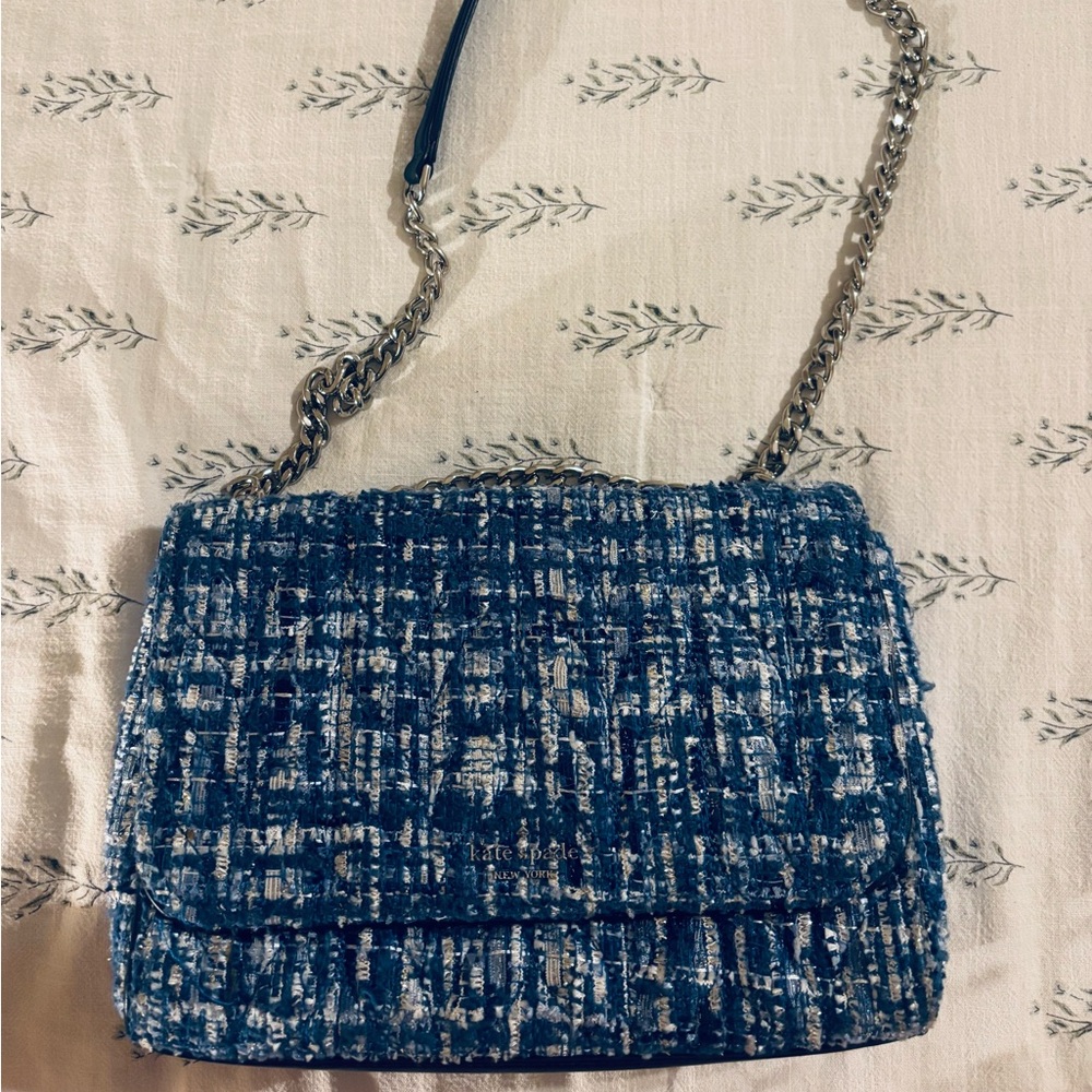 kate spade Blue and Cream Tweed Crossbody Bag with Chain Strap